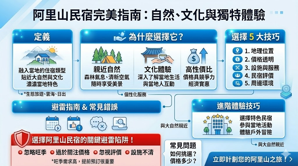 阿里山民宿提供獨特的住宿體驗，讓遊客能夠在阿里山的自然美景中放鬆身心。這些民宿位於阿里山周邊，遠離城市喧囂，讓您享受寧靜的山林環境和當地的文化氛圍。無論是登山健行還是品味當地美食，阿里山民宿都能提供舒適且貼近自然的居住空間，讓每位旅客都能享有一段難忘的假期。選擇阿里山民宿，讓您的旅行更具特色，深入了解這片美麗的山區。
