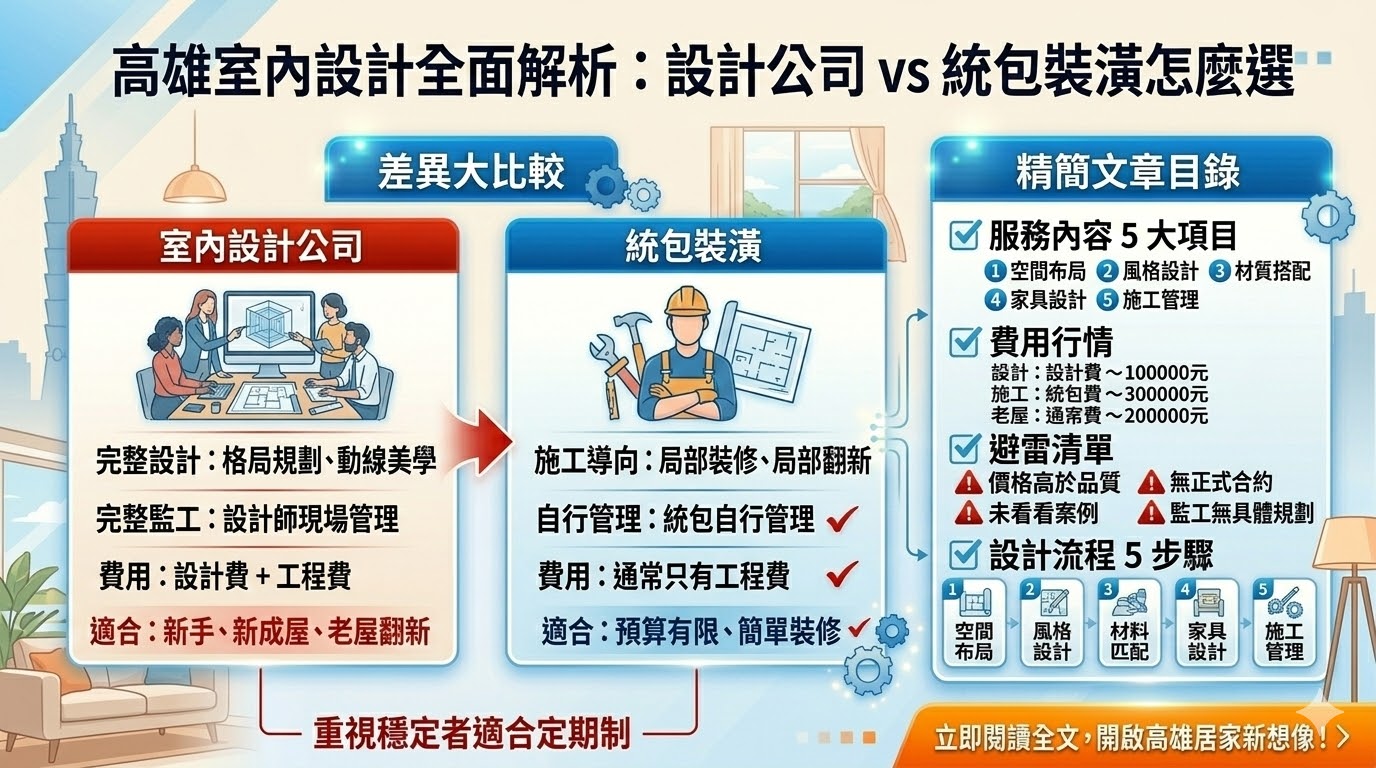 想在高雄打造夢想家？本篇深度解析高雄室內設計挑選策略！詳細比較「設計公司」與「統包裝潢」在費用行情、設計深度及施工監工上的差異。我們整理了預算控制、流程 5 步驟與避雷清單，幫助新手購屋族與老屋翻新屋主避開裝修陷阱。立即了解如何挑選適合的高雄裝潢方案，把關工程品質並實現居家美學。