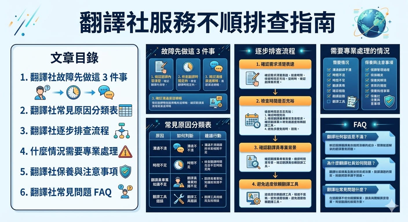 當你在使用翻譯社服務時，可能會遇到延遲、翻譯錯誤等問題。這篇文章將帶你了解常見的翻譯社問題，並提供具體的排查流程。從確認翻譯需求、專業領域匹配到時間管理，這些都可能影響翻譯質量。我們將逐步分析如何解決這些問題，幫助你更有效地與翻譯社合作，確保翻譯結果達到最佳效果。