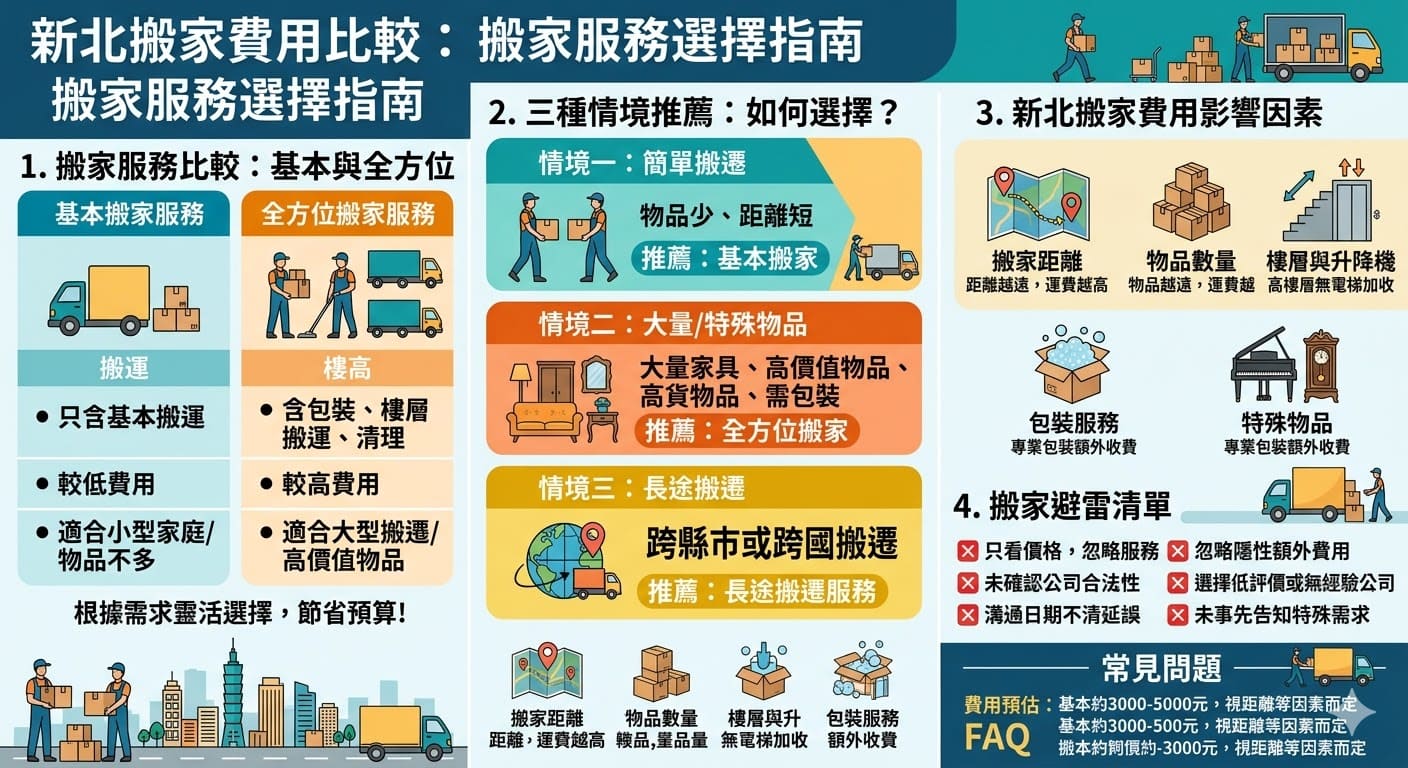 在新北搬家，選擇適合的搬家公司能有效節省費用。新北搬家費用會根據搬遷距離、物品數量、搬家樓層等因素有所不同。基本搬家服務費用較低，而全方位搬家服務則適合需要額外服務（如包裝與樓層搬運）的家庭或商業場所。了解新北搬家費用的結構，有助於選擇最合適的方案，避免不必要的開支。